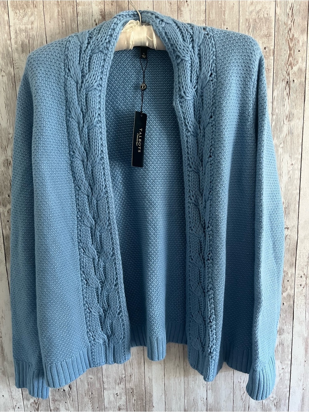 Talbots French Blue Cable-Trim Open Front Cardigan Cottagecore Knit Woven NEW Sm